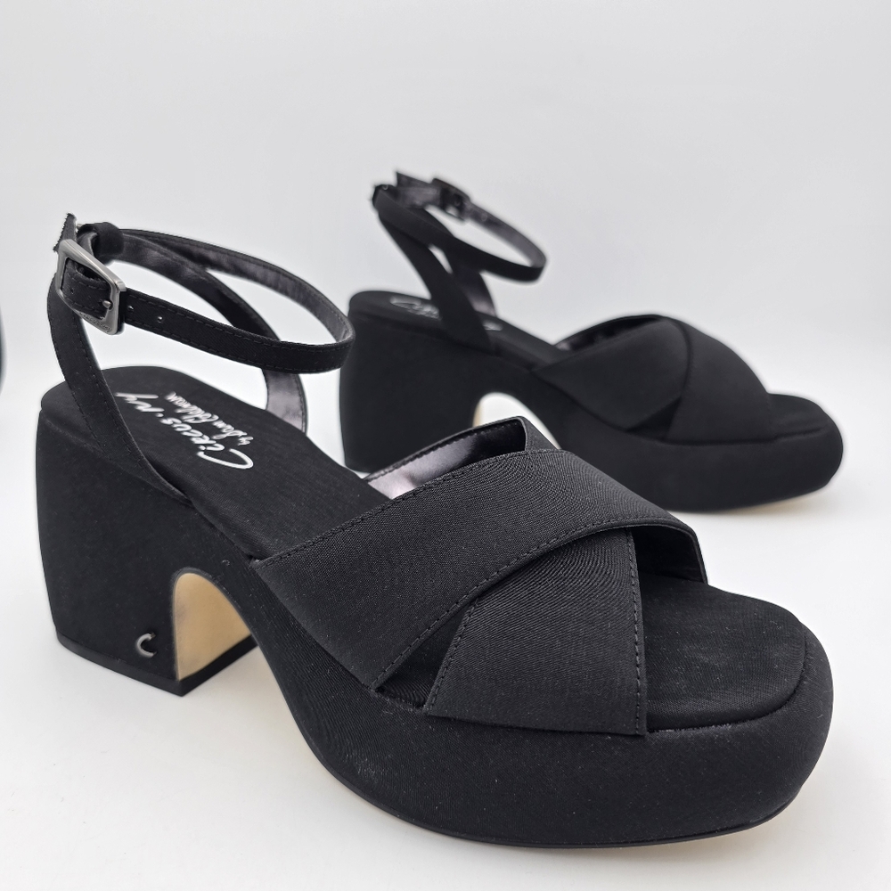 Circus NY by Sam Edelman Isadora Platform Ankle Strap Sandals, Black Satin, 6.5M